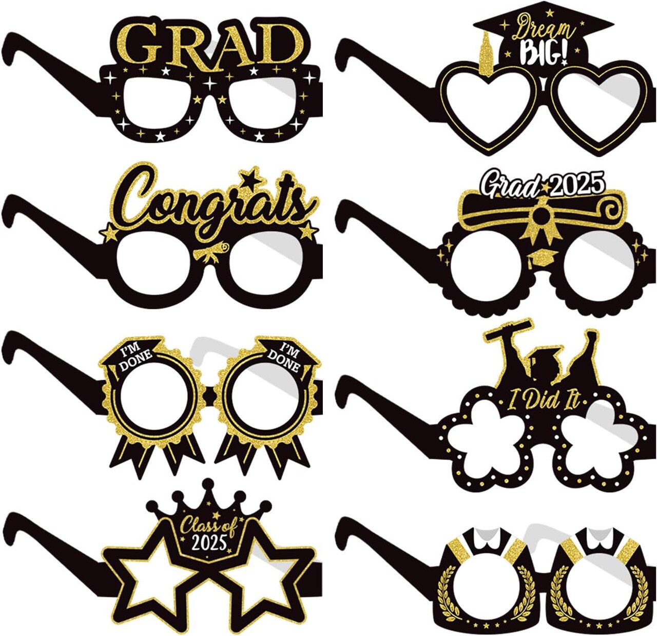 Black-Gold Graduation Party-Decorations Photo-Booth Props - 16pcs Cap 2025 Class Congrate Grad Photography Props,Senior College Favors Sunglasses Decor Supplies